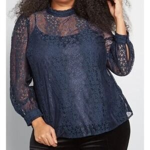 ModCloth Winsome Whims Navy Blue Star Lace Blouse‎ XL Whimsigoth Witchy Goth